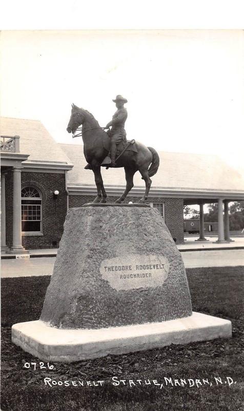 E36/ Mandan North Dakota ND Real Photo RPPC Postcard c40s Roosevelt Statue