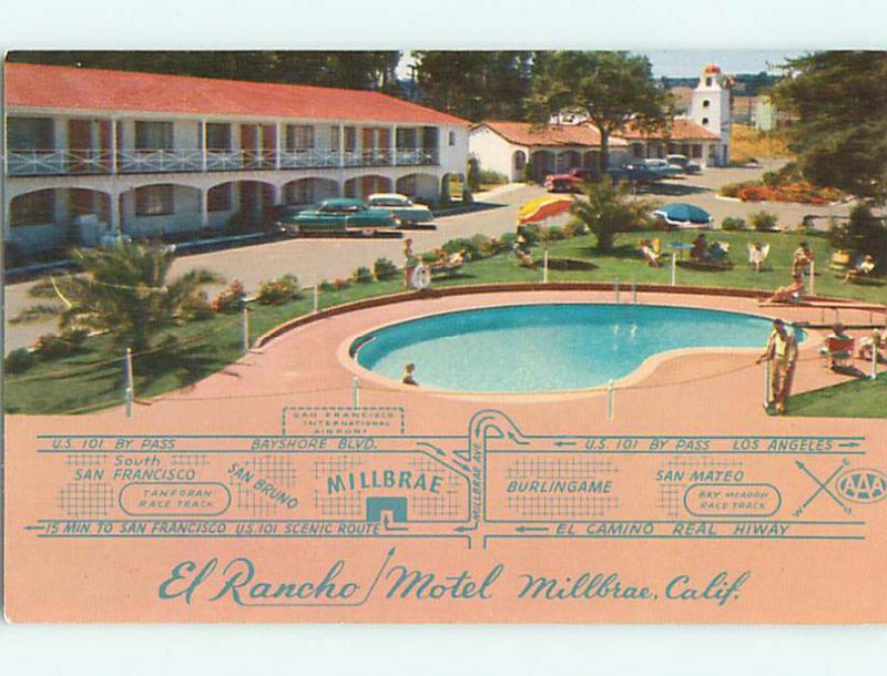 Unused 1950's OLD CARS & EL RANCHO MOTEL & POOL Millbrae California CA u5828