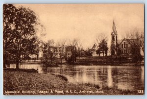 Amherst Massachusetts Postcard Memorial Building Chapel Pond Lake c1910 Vintage