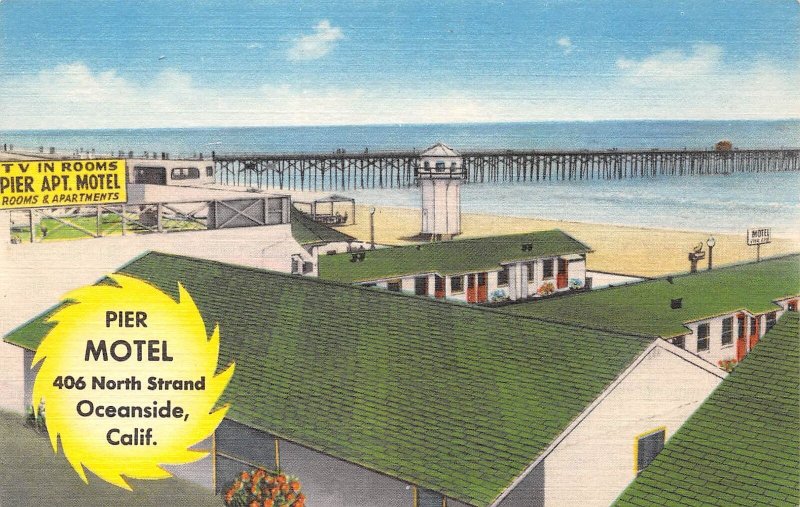 Oceanside California Pier Motel Rooms & Apartments,Color Linen Vintage PC U8176