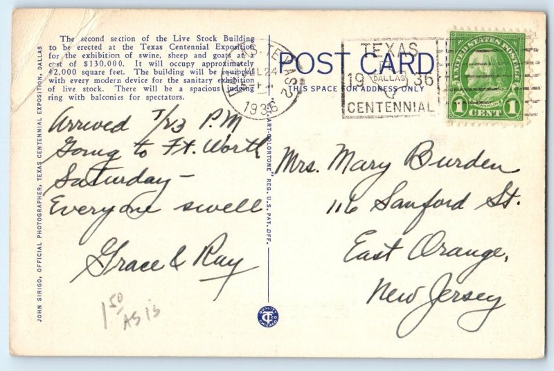 1936 Dallas Texas Postcard Live Stock Pavilion Centennial Exposition Building