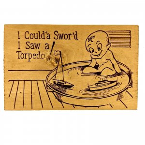 c1940s Cute Funny Boy Poop Torpedo in Bath Wood Postcard Dixie Novelty Ships 1B