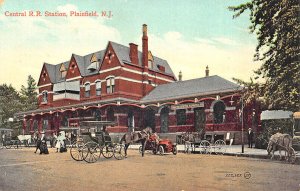 Plainfield NJ Central Railroad Station Train Depot Horse & Wagons Postcard.