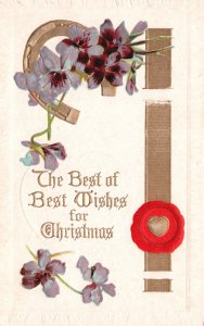 The Best Of Best Wishes For Christmas Violets Golden Ribbon Vintage Postcard