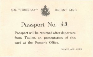 SS Oronsay Orient Line 1930s Toulon Naples French Passport Card