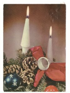 Merry Christmas, Spruce Cones, Candles, Ribbon, Greetings Postcard From Hungary