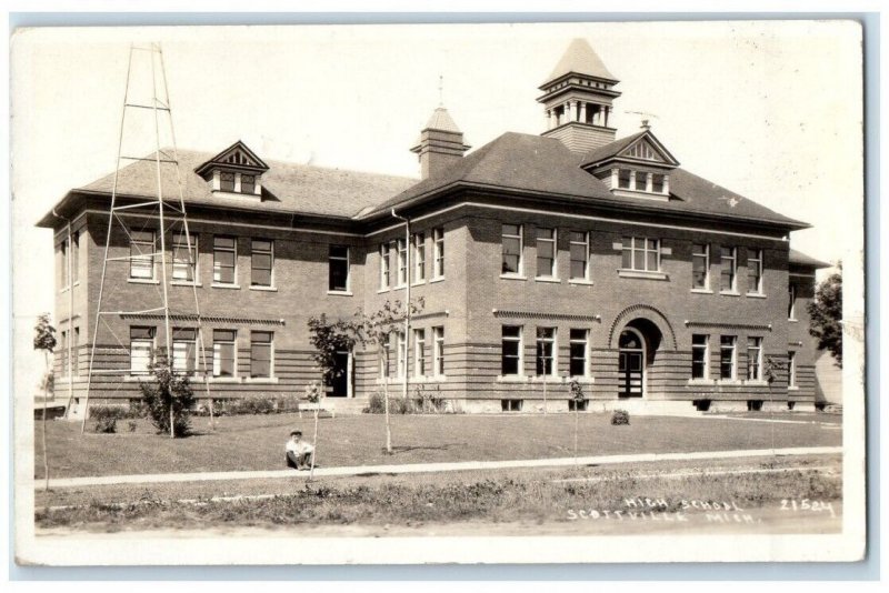 1930 High School Building Boy Child View Scottville MI RPPC Photo Postcard