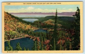 TWO ANGORA LAKES, FALLEN LEAF LAKE and LAKE TAHOE, California CA 1961  Postcard