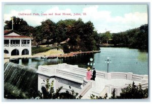 c1910 Dellwood Park Dam & Boat House Couple Lake Joliet Illinois Posted Postcard