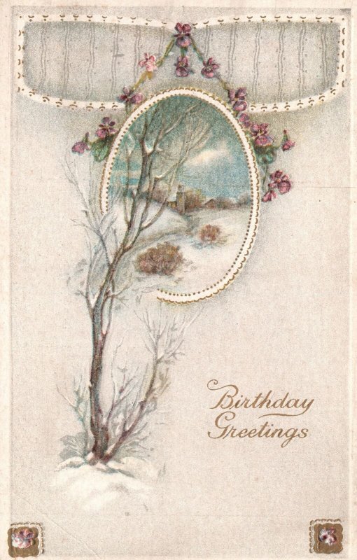 Vintage Postcard Birthday Greetings And Wishes Landscape Tree Flowers Souvenir 