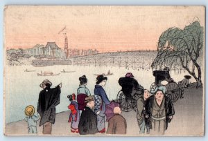 Japan Art Woodblock Print Bridge Scene Boating Japanese Rickshaw Postcard