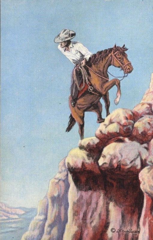 Cowboy On Horse L.H. Dude Larsen Artist Signed Art Old West Vintage Postcard E1