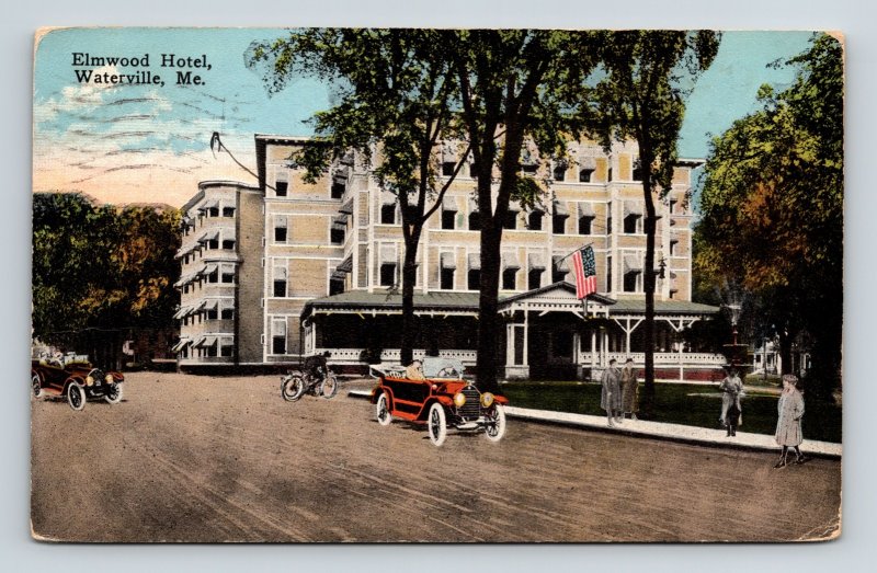 Waterville Maine Elmwood Hotel Streetview Old Cars DB Cancel WOB Postcard