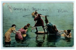 Victorian Girls Hair Pulling Game Row Boat Jackson Michigan Vintage Postcard 