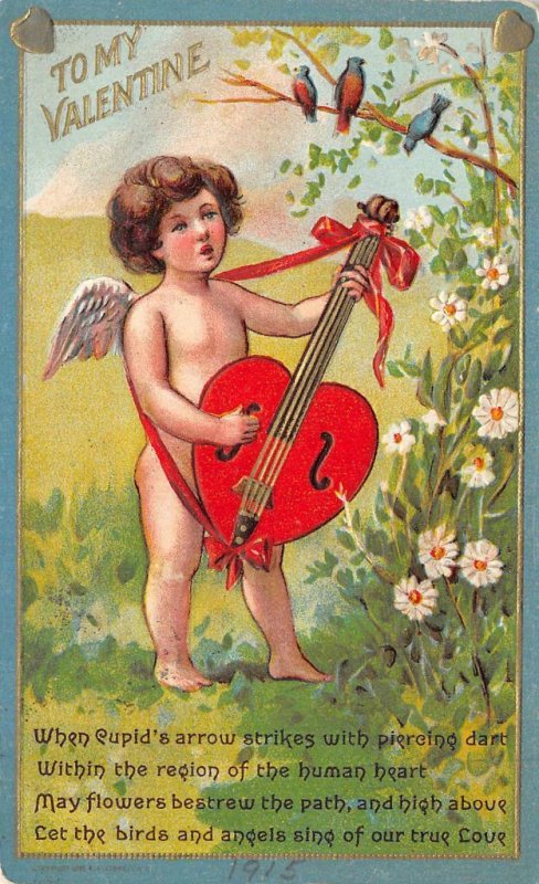 TO MY VALENTINE Cupid & Heart-Shaped Instrument Valentine's Day Postcard 1915