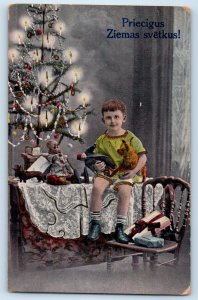 c1910's Christmas Little Boy With Toys Christmas Tree Posted Antique Postcard