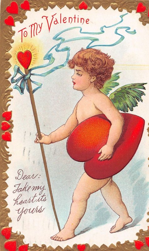 G19/ Valentine's Day Love Holiday Postcard c1910 Cupid Heart Cane 18