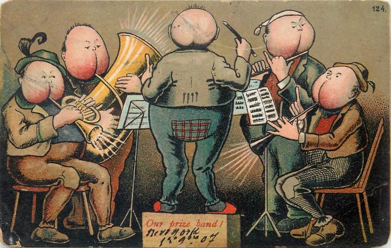 Comic music band butt heads caricatures our prize band orchestra 1900s humour