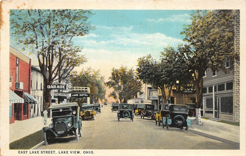 G20/ Lake View Indian Lake Ohio Postcard c1920s Lake Street Garage Hotel