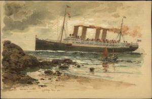 Steamship 4 Funnels Artist Signed c1900 Litho Postcard