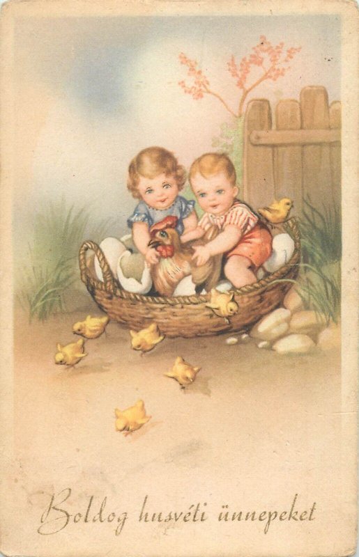 Holidays & celebrations seasonal greetings Hungary children egg basket hen