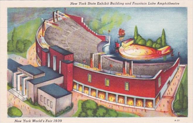 New York World's Fair 1939 New York State Exhibit Building and Fountain Lake ...
