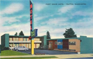 Postcard 1940s Washington Seattle Puget Sound Motel Autos Thomas linen WA24-903