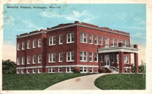 Burlington Wisconsin, Memorial Hospital, Building Structure, Vintage Postcard