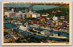 Cedar Rapids Iowa~Air View Of Loop District & Municipal Island~Vintage Linen PC