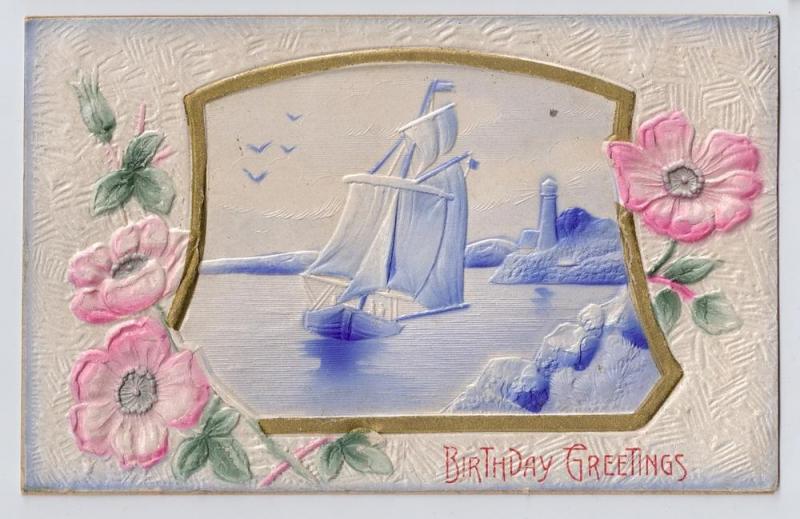 Vintage Birthday Postcard Embossed Airbrushed Sailboat