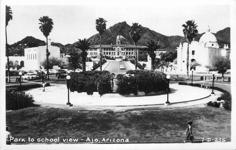 Ajo Arizona 1950s Park to School View Autos RPPC Real Photo postcard 9358