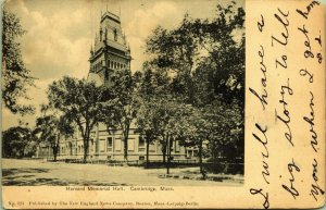 Harvard Memorial Hall Cambridge Massachusetts Postcard UND