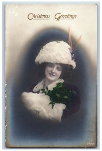 Christmas Greetings Postcard RPPC Photo Pretty Woman c1910's Unposted Antique