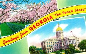 Georgia Greetings From The Peach State Showing State Capitol and Peach Blossoms