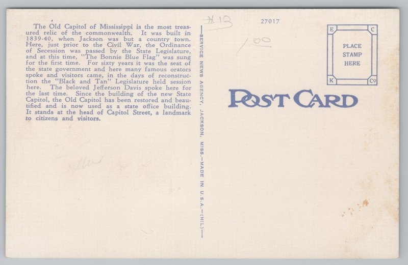 Government Building~Old Capitol @ Jackson Mississippi~Vintage Postcard