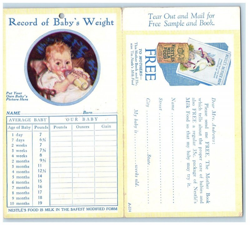 Baby Record's Weight Fold Out Nestle Advertising Unposted Antique Postcard 