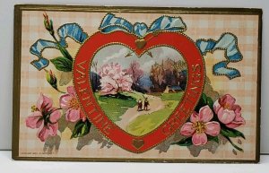 Valentine Heart Blue Ribbon Country Scene Gold Trim Embossed 1910 Postcard C8