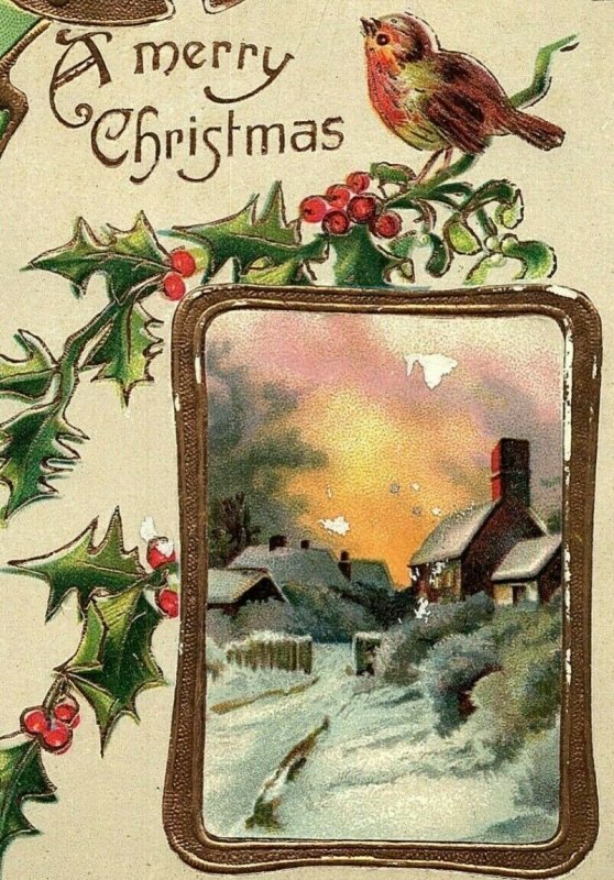 1907-15 A Merry Christmas Postcard House Winter Song Bird Holly Berries Bells 