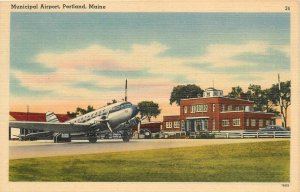 Postcard 1940s Maine Portland Municipal Airport Aeroplane Tichnor linen ME24-377