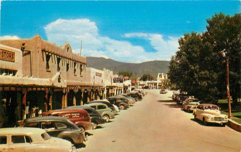 Autos 1950s Taos New Mexico Street Plaza Kit Carson Old Trail Dexter 7671