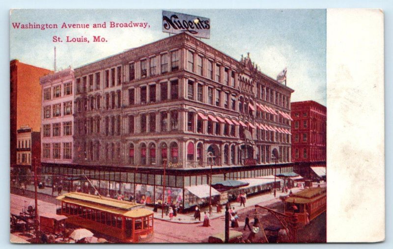 ST. LOUIS, MO Missouri ~WASHINGTON AVENUE & BROADWAY Streetcars c1910s Postcard