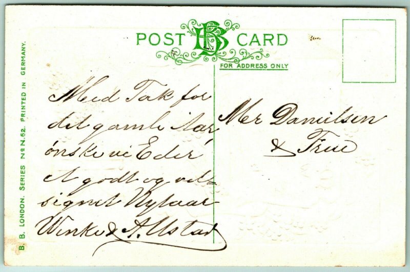 Happy New Year Poem Grape Vine Frame Hourglass Glitter UNP DB Postcard G12 