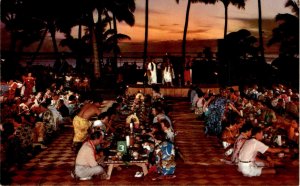 luau Queens Surf Waikiki Hawaii sunset torches feast native f postcard