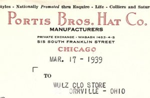 1939 PORTIS BROS HAT CO.  515 S. FRANKLIN ST CHICAGO IL BILLHEAD INVOICE Z1197