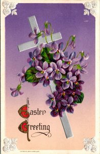 Vintage John Winsch Silver Cross, Purple Daisy Flowers Religious Easter Postcard