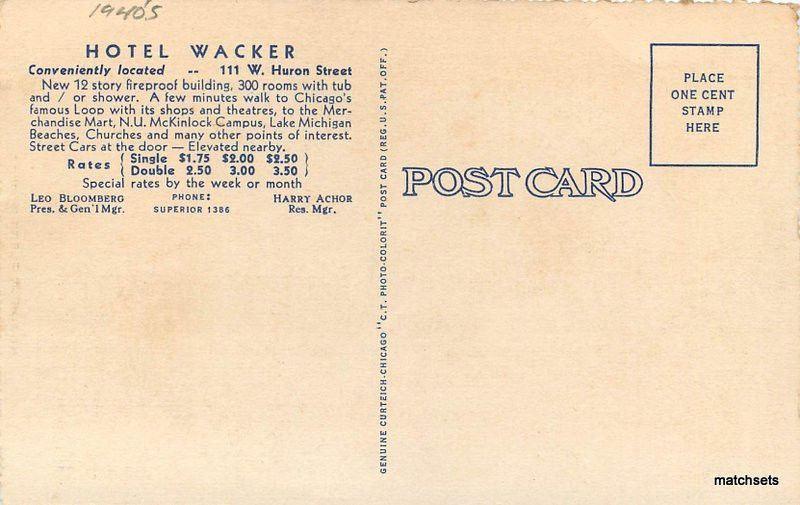 1940s Hotel Wacker Chicago Illinois linen postcard 6282 Teich