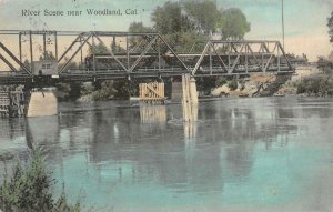 River Scene Woodland CA Train Railroad Bridge 1909 Hand-Colored Vintage Postcard