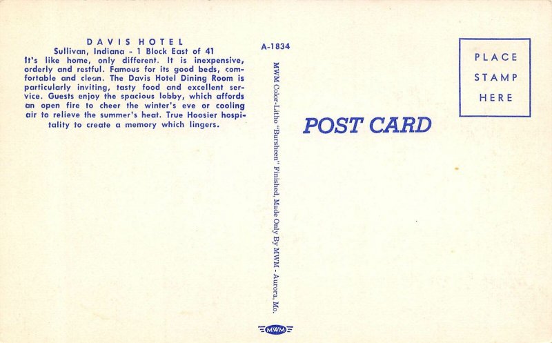 Davis Hotel Sullivan Indiana A Recognized Hotel linen postcard