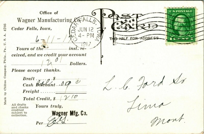 Wagner Manufacturing Company Receipt Cedar Falls Iowa IA 1917 DB Postcard D10 