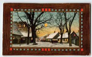 Hold To Light Postcard Christmas Village Homes Trees Moon Germany Vintage HTL